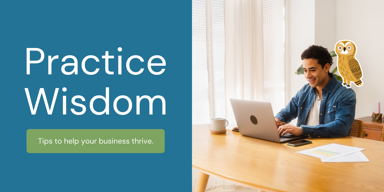 Person seated at a wooden desk, working on a laptop with notes and a smartphone nearby, sunlight filtering through sheer curtains — an illustrated owl perched in the corner.