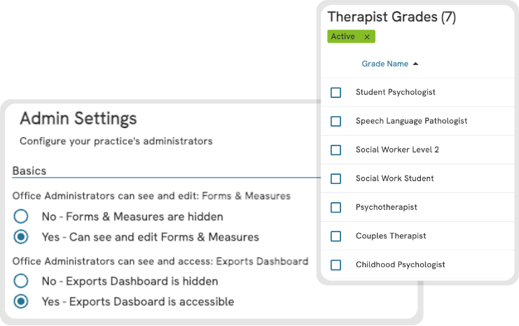 Image showing Owl Practice Admin settings, therapist grades