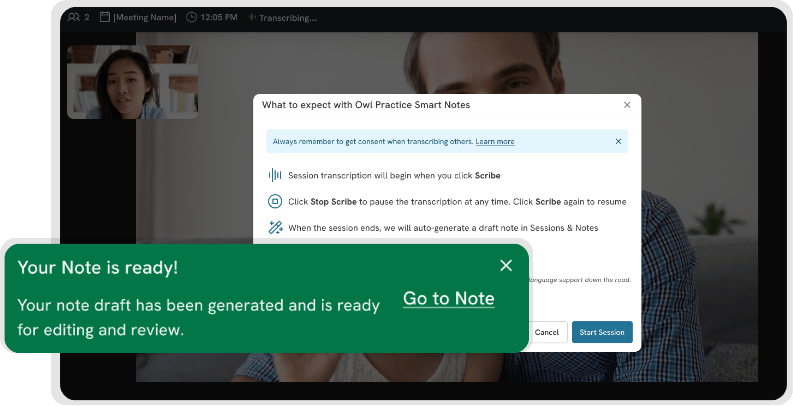 Image of Owl Practice Smart Notes Video Session, with toast notification that Note is ready